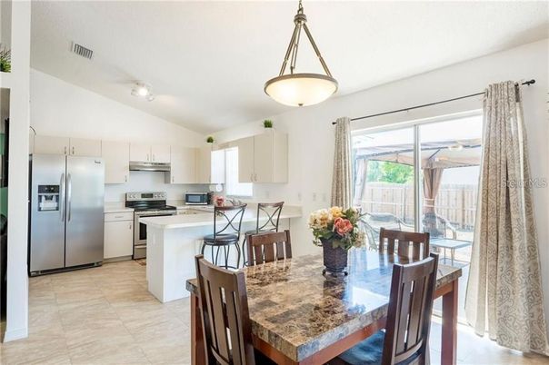 Dining room, Interior, Kitchen, Pendant Lights, Stainless Steel Appliances