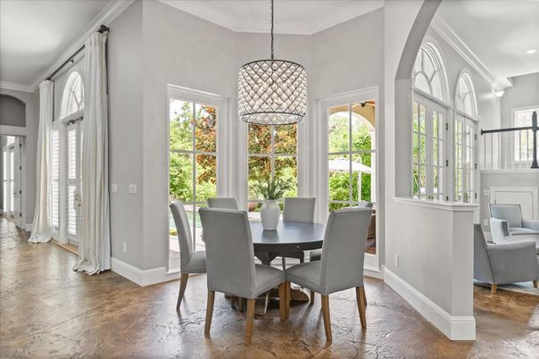 Dining room, Interior, Pendant Lights, Recessed Lighting, Wood Texture Flooring