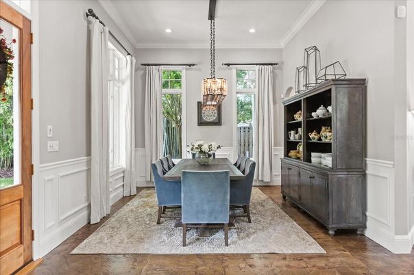 Dining room, Interior, Pendant Lights, Recessed Lighting, Wood Texture Flooring