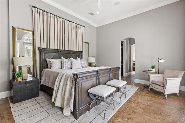 Bedroom, Interior, Recessed Lighting, Wood Texture Flooring