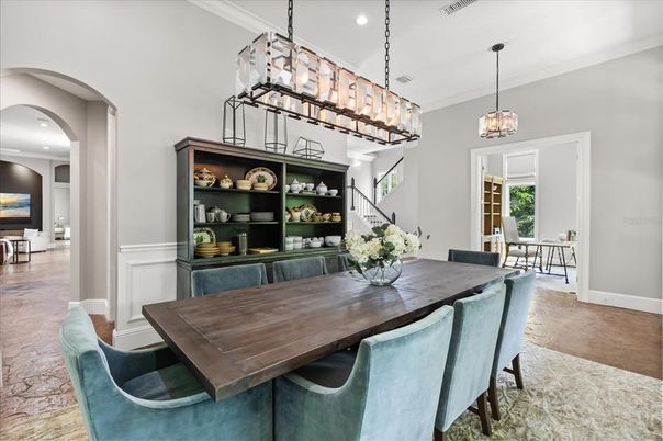 Dining room, Interior, Pendant Lights, Recessed Lighting, Wood Texture Flooring