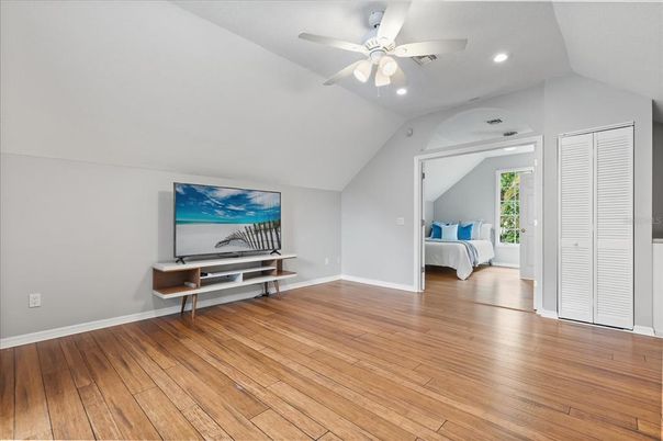 Bedroom, Interior, Recessed Lighting, Wood Texture Flooring