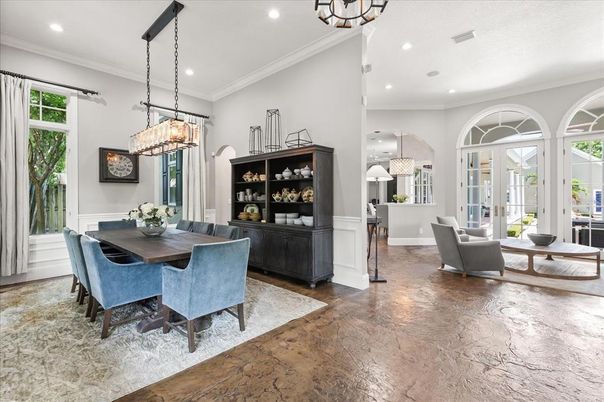 Chandelier, Dining room, Interior, Pendant Lights, Recessed Lighting, Wood Texture Flooring
