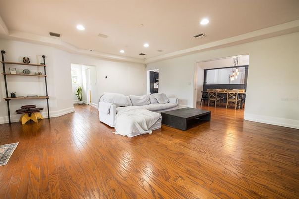 Dining room, Interior, Living room, Recessed Lighting, Wood Texture Flooring