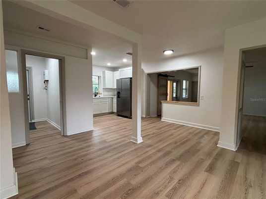 Empty room, Interior, Kitchen, Recessed Lighting, Wood Texture Flooring