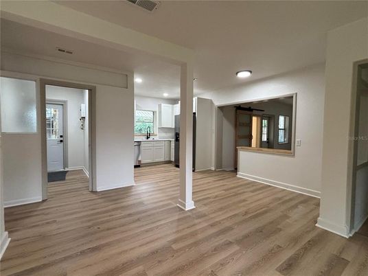 Empty room, Interior, Kitchen, Recessed Lighting, Wood Texture Flooring