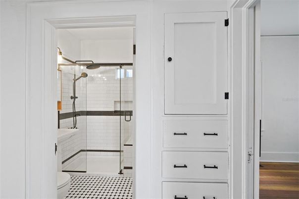 Bathroom, Glass Shower, Interior, Wood Texture Flooring