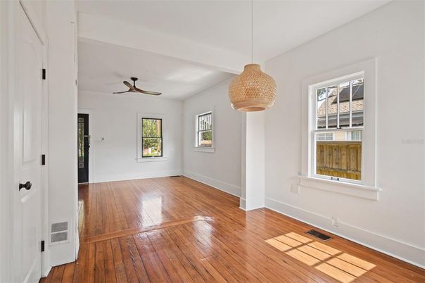Empty room, Interior, Pendant Lights, Wood Texture Flooring