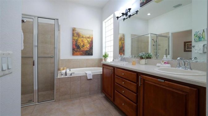 Bathroom, Dual Sink Vanities, Glass Shower, Interior, Recessed Lighting