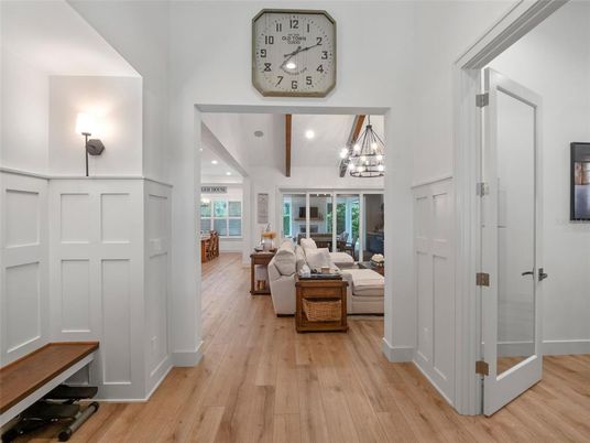 Chandelier, Interior, Living room, Recessed Lighting, Wooden Beams, Wood Texture Flooring