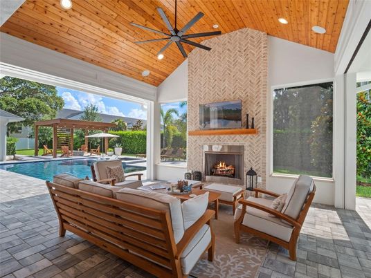 Exterior, Fireplace, Living room, Pool, Recessed Lighting, Wooden Ceilings