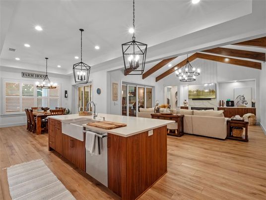 Chandelier, Dining room, Interior, Kitchen, Living room, Pendant Lights, Recessed Lighting, Wooden Beams, Wooden Ceilings, Wood Texture Flooring