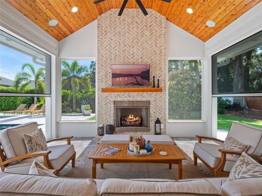 Fireplace, Interior, Living room, Recessed Lighting, Wooden Ceilings