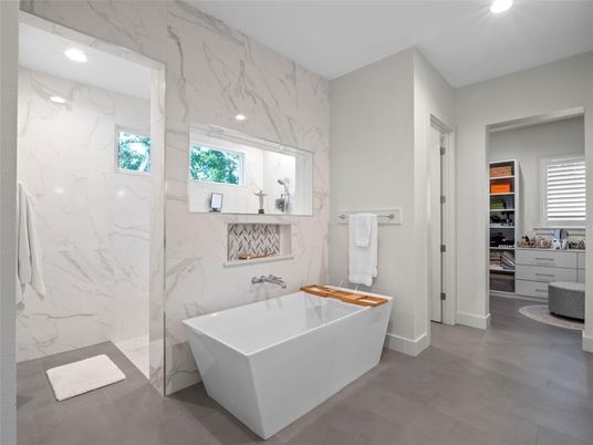 Bathroom, Free Standing Baths, Glass Shower, Interior, Marble Walls, Recessed Lighting