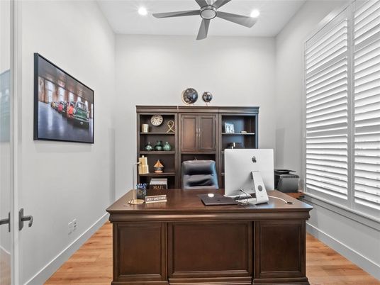 Home Office, Interior, Recessed Lighting, Wood Texture Flooring