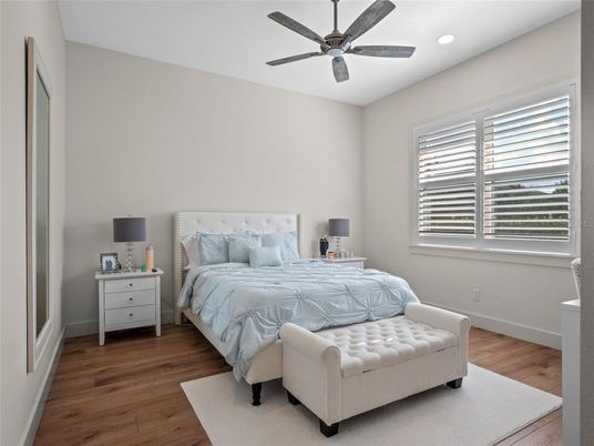 Bedroom, Interior, Recessed Lighting, Wood Texture Flooring