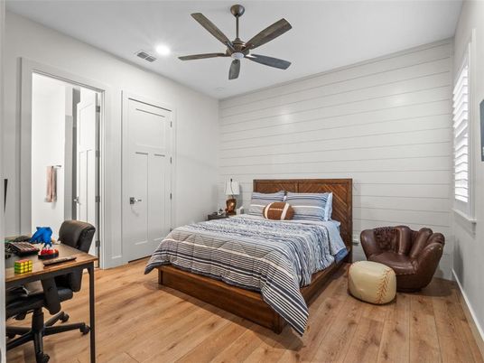 Bedroom, Interior, Recessed Lighting, Wood Texture Flooring