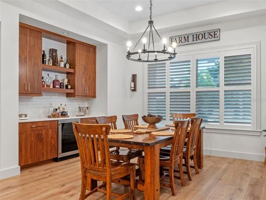 Chandelier, Dining room, Interior, Pendant Lights, Recessed Lighting, Wood Texture Flooring