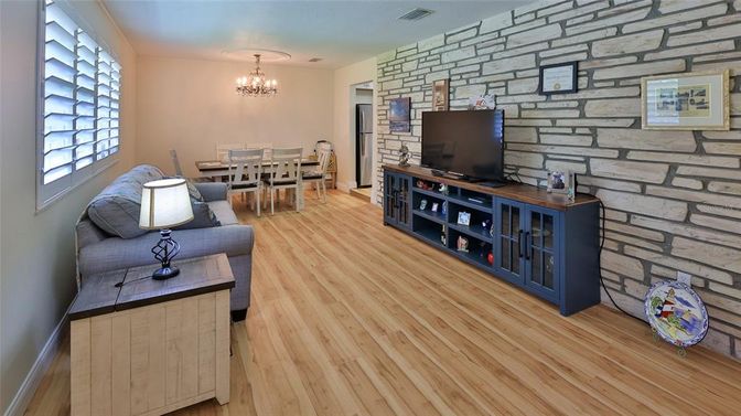 Chandelier, Dining room, Interior, Stone Walls, Wood Texture Flooring