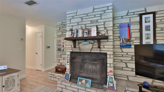Fireplace, Interior, Stone Walls, Wood Texture Flooring