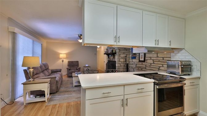 Interior, Kitchen, Living room, Stainless Steel Appliances, Stone Walls, Wood Texture Flooring