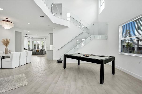 Billiard Table, Chandelier, Game Room, Interior, Recessed Lighting, Wood Texture Flooring