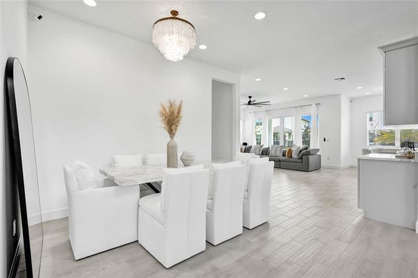 Chandelier, Dining room, Interior, Living room, Recessed Lighting, Wood Texture Flooring