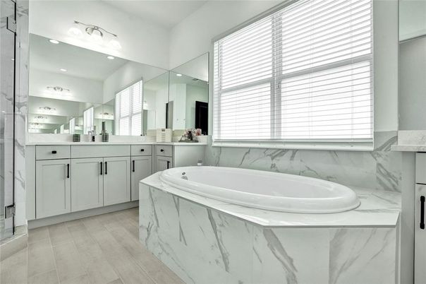 Bathroom, Dual Sink Vanities, Interior, Marble Walls, Wood Texture Flooring