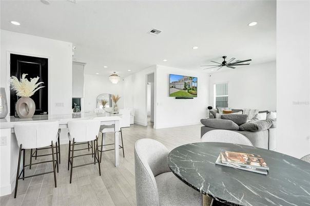 Dining room, Interior, Kitchen, Living room, Pendant Lights, Recessed Lighting, Wood Texture Flooring