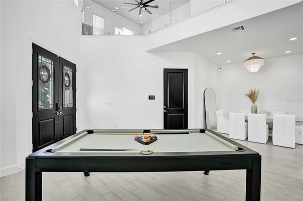 Billiard Table, Chandelier, Game Room, Interior, Recessed Lighting, Wood Texture Flooring