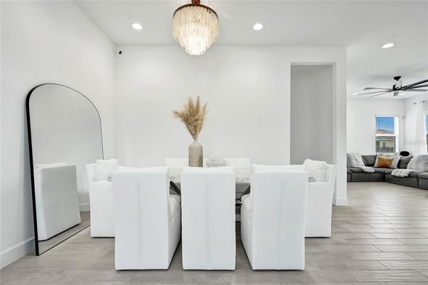 Chandelier, Dining room, Interior, Living room, Recessed Lighting, Wood Texture Flooring