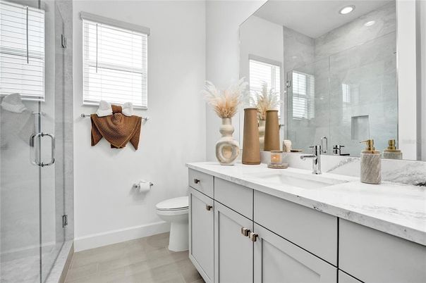 Bathroom, Dual Sink Vanities, Glass Shower, Interior, Recessed Lighting
