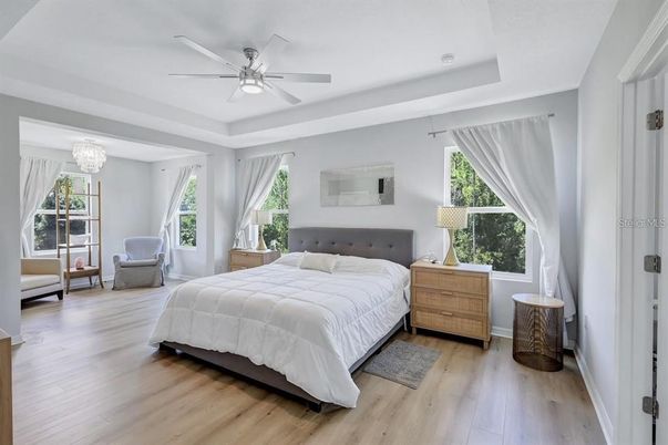 Bedroom, Chandelier, Interior, Wood Texture Flooring
