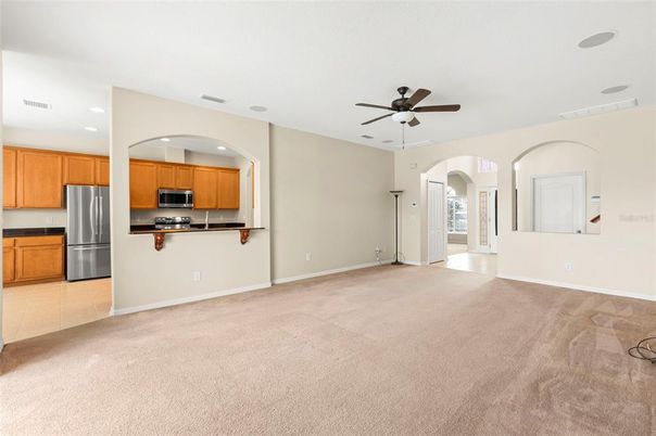 Empty room, Interior, Kitchen, Recessed Lighting, Stainless Steel Appliances
