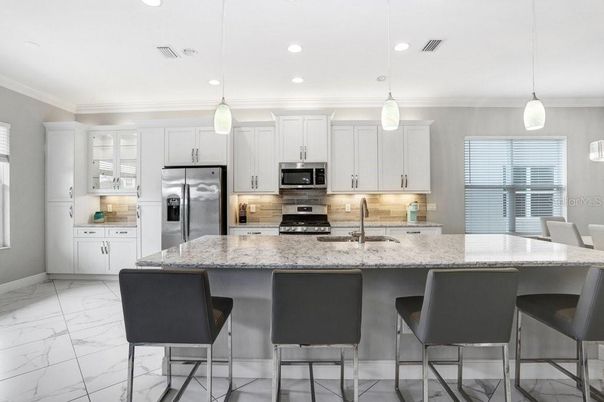 Interior, Kitchen, Marble, Pendant Lights, Recessed Lighting, Stainless Steel Appliances