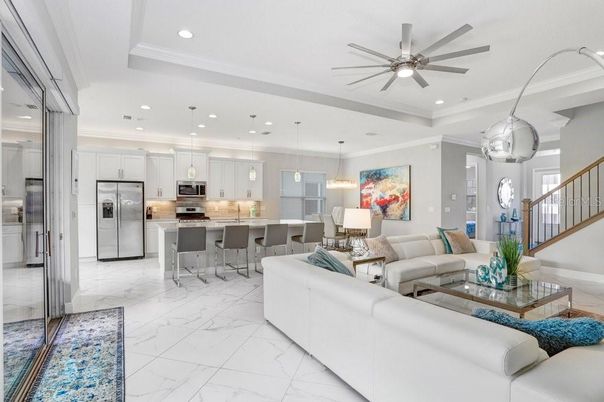Interior, Kitchen, Living room, Marble, Pendant Lights, Recessed Lighting, Stainless Steel Appliances