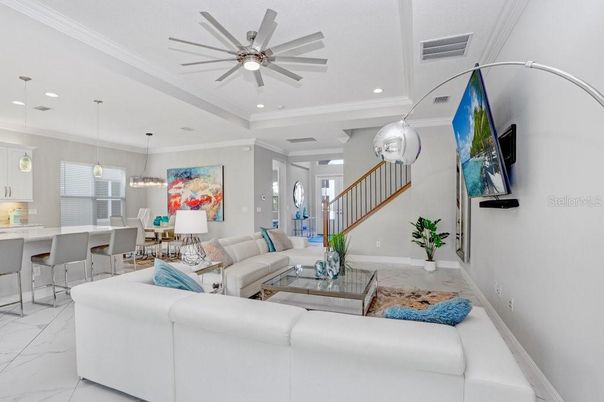 Dining room, Interior, Living room, Marble, Pendant Lights, Recessed Lighting