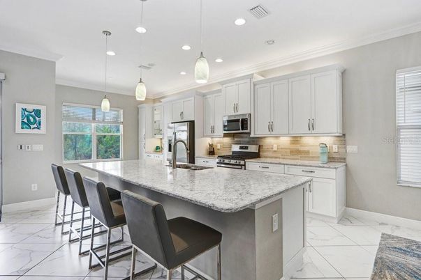 Interior, Kitchen, Marble, Pendant Lights, Recessed Lighting, Stainless Steel Appliances