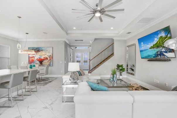 Dining room, Interior, Living room, Marble, Pendant Lights, Recessed Lighting
