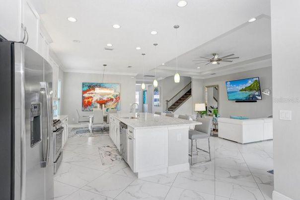 Dining room, Interior, Kitchen, Marble, Pendant Lights, Recessed Lighting, Stainless Steel Appliances