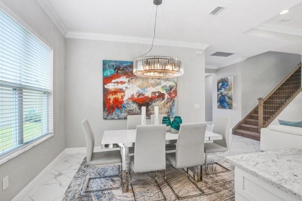 Dining room, Interior, Marble, Pendant Lights, Recessed Lighting