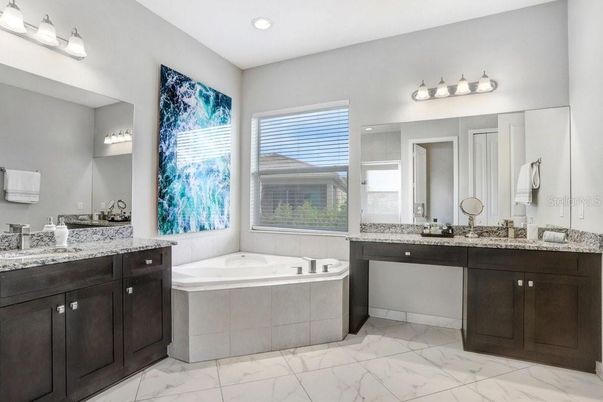 Bathroom, Dual Sink Vanities, Interior, Marble, Recessed Lighting