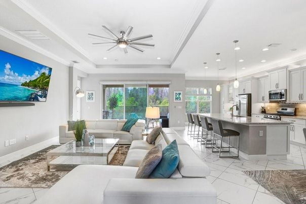 Interior, Kitchen, Living room, Marble, Pendant Lights, Recessed Lighting, Stainless Steel Appliances