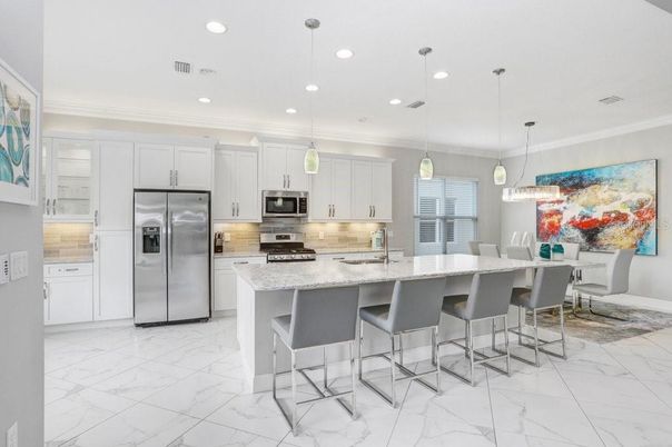 Dining room, Interior, Kitchen, Marble, Pendant Lights, Recessed Lighting, Stainless Steel Appliances