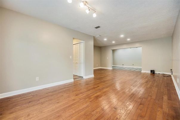 Empty room, Interior, Recessed Lighting, Wood Texture Flooring
