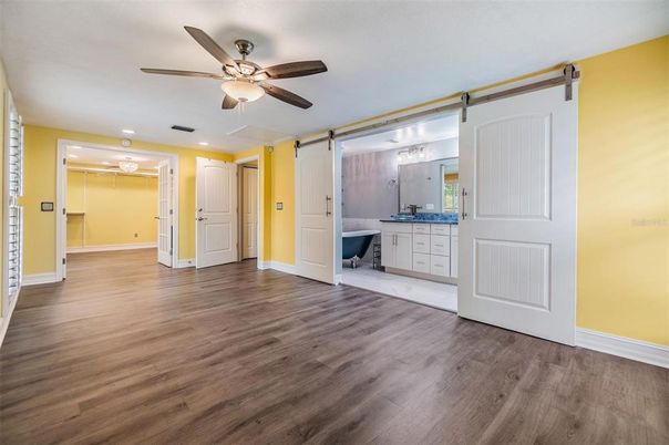 Bathroom, Empty room, Interior, Recessed Lighting, Wood Texture Flooring