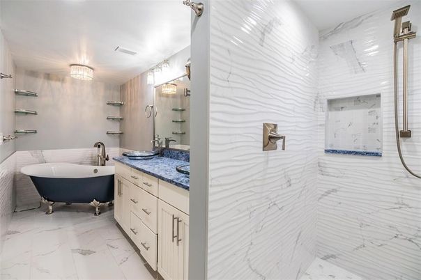 Bathroom, Dual Sink Vanities, Free Standing Baths, Interior, Marble, Marble Walls
