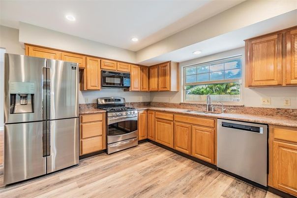 Interior, Kitchen, Recessed Lighting, Stainless Steel Appliances, Wood Texture Flooring