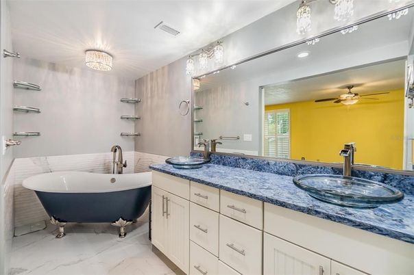 Bathroom, Dual Sink Vanities, Free Standing Baths, Interior, Marble, Recessed Lighting