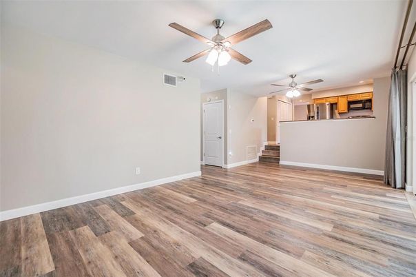 Empty room, Interior, Kitchen, Recessed Lighting, Wood Texture Flooring